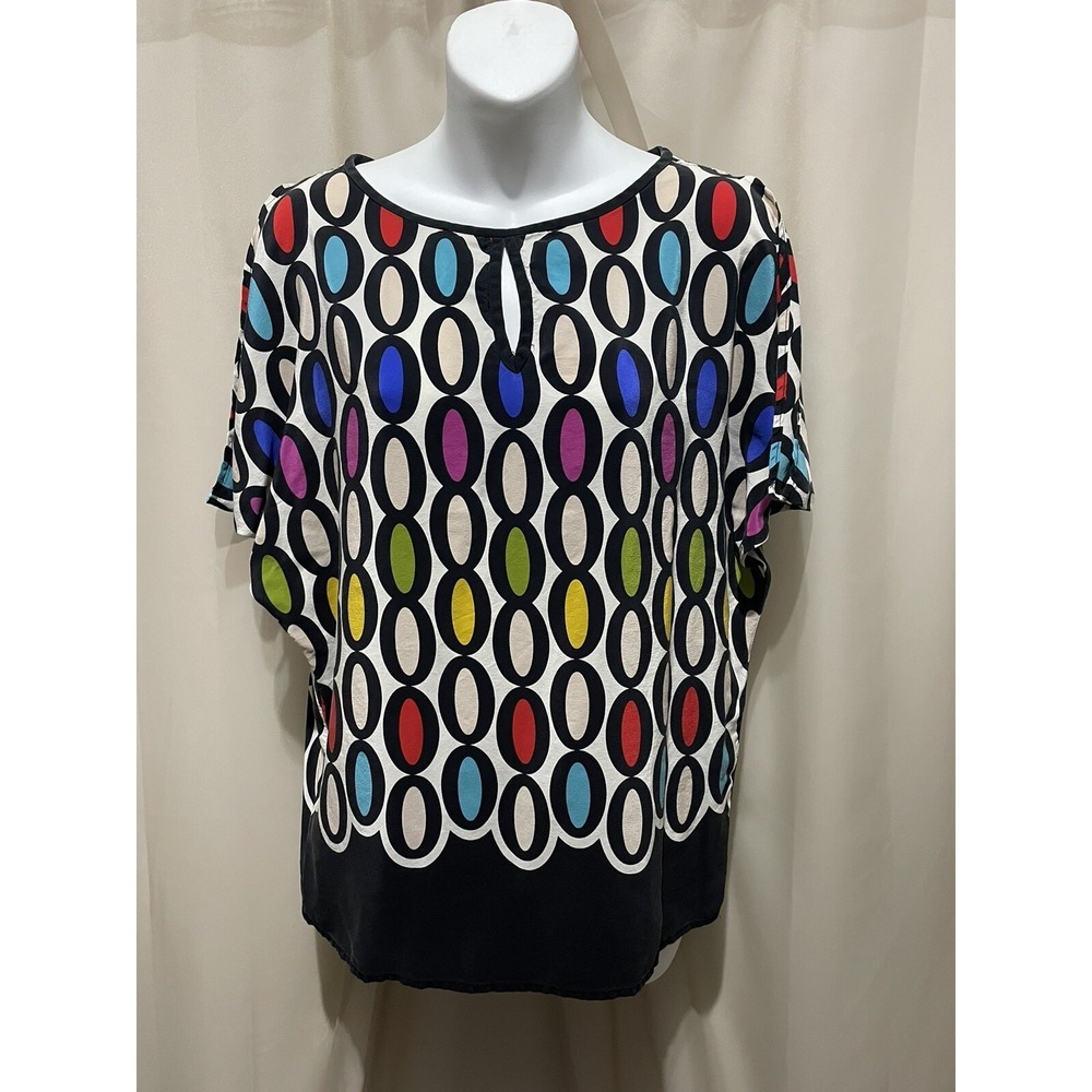 Trina Turk 100% Silk Blouse Top Women's S Colorful Geometric Print Keyhole Neck